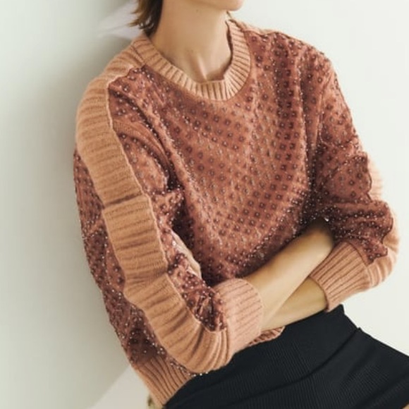 NWT ZARA taupe brown SEQUINED KNIT SWEATER - Picture 1 of 10